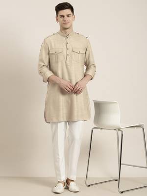 Beige cotton short pathani 1
