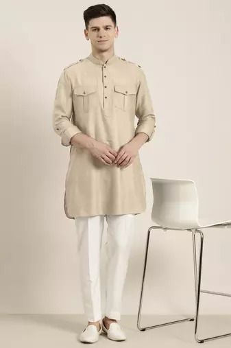 Beige cotton short pathani