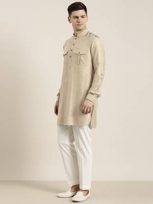 Beige cotton short pathani 3