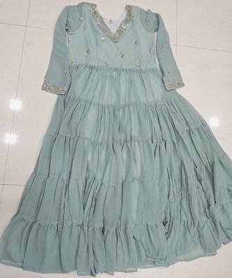 olive sky blue faux georgette with sequins embroidered work party wear gown 5