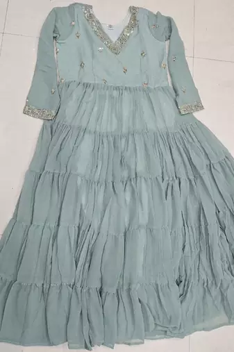 olive sky blue faux georgette with sequins embroidered work party wear gown