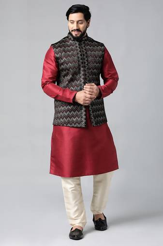 Black velvet embroidered jacket kurta set