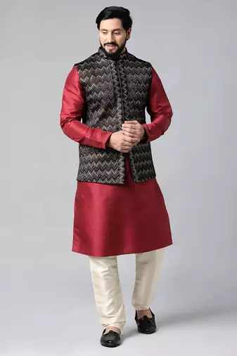Black velvet embroidered jacket kurta set