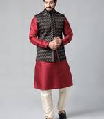 Black velvet embroidered jacket kurta set