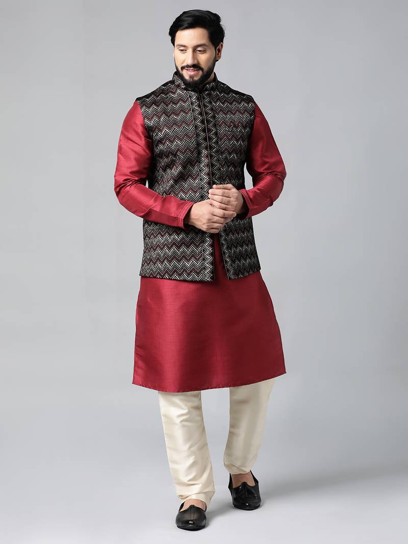 Black velvet embroidered jacket kurta set