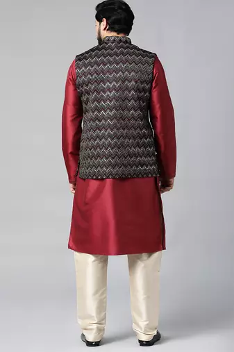 Black velvet embroidered jacket kurta set