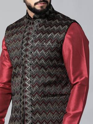 Black velvet embroidered jacket kurta set 4