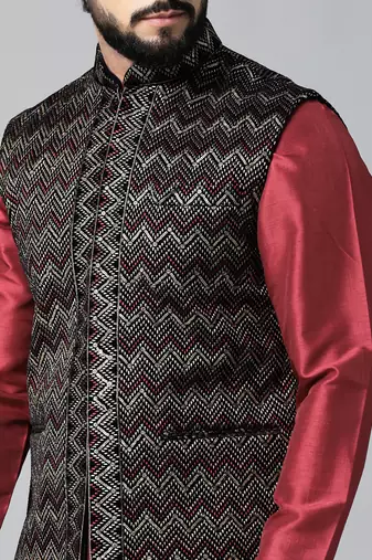Black velvet embroidered jacket kurta set