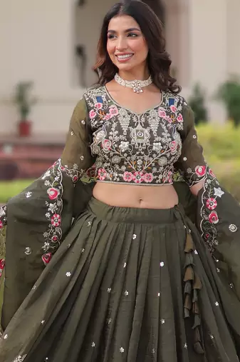 green gold crush lehenga choli with embroidered work