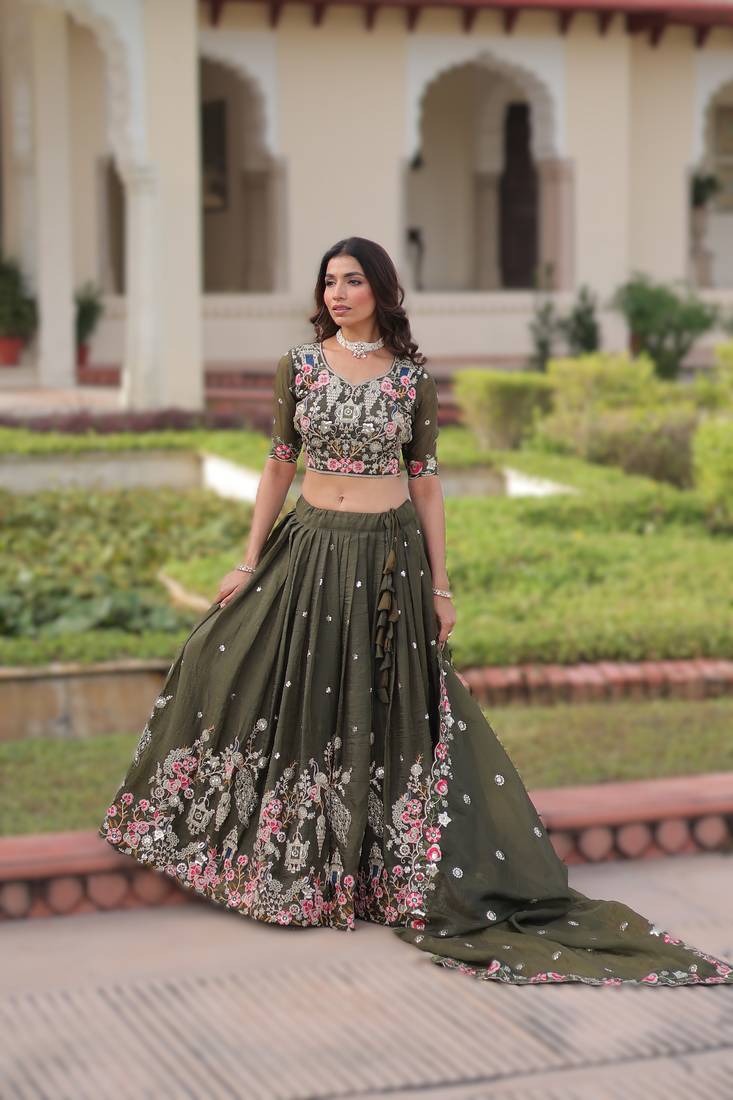 green gold crush lehenga choli with embroidered work