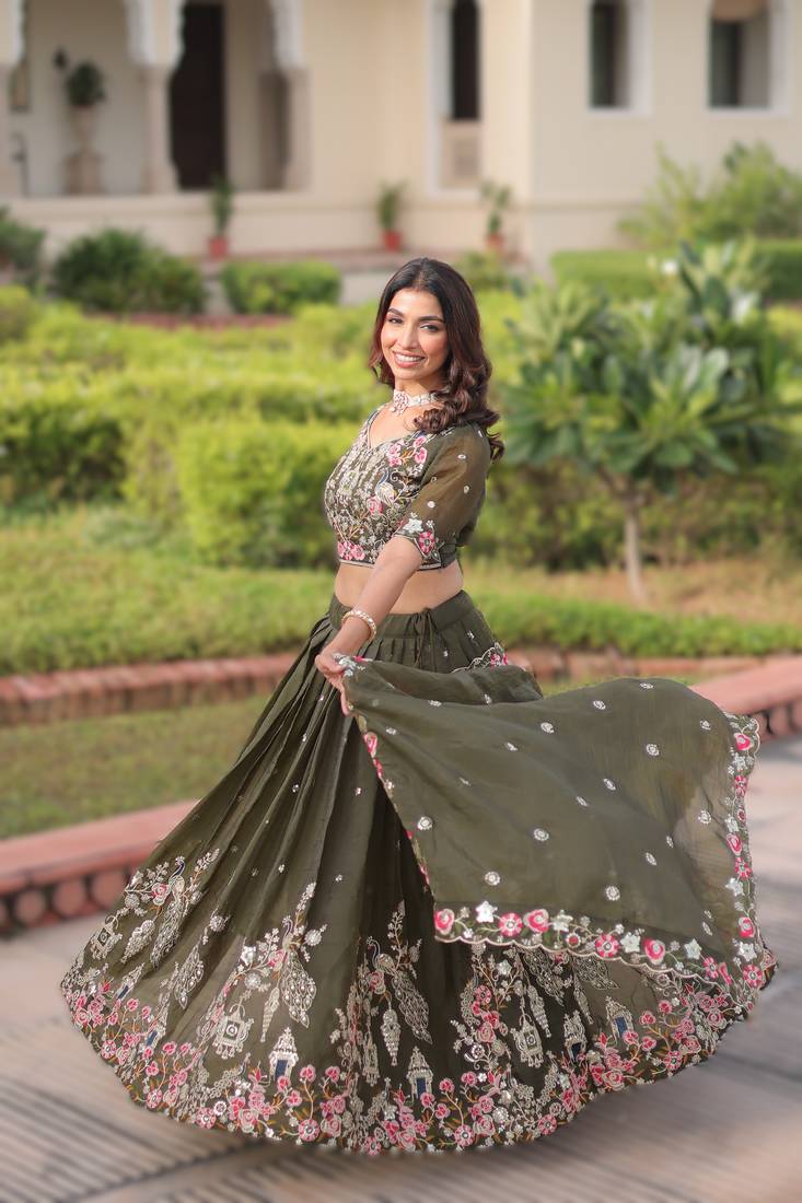 green gold crush lehenga choli with embroidered work