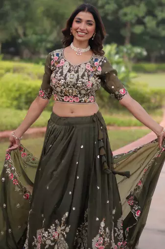 green gold crush lehenga choli with embroidered work