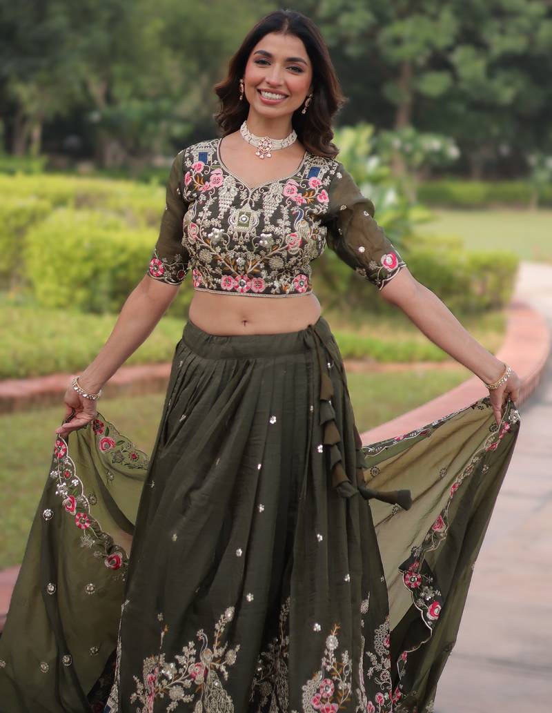 green gold crush lehenga choli with embroidered work