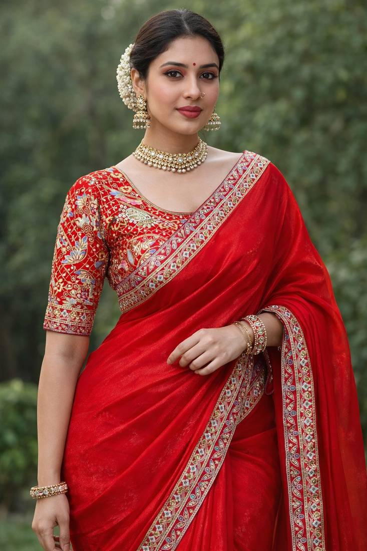 Red Color Designer Embroidered Sequins Satin Silk Saree