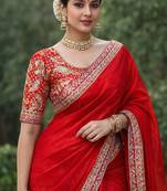 Red Color Designer Embroidered Sequins Satin Silk Saree