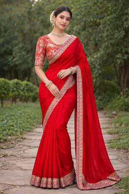 Red Color Designer Embroidered Sequins Satin Silk Saree 2