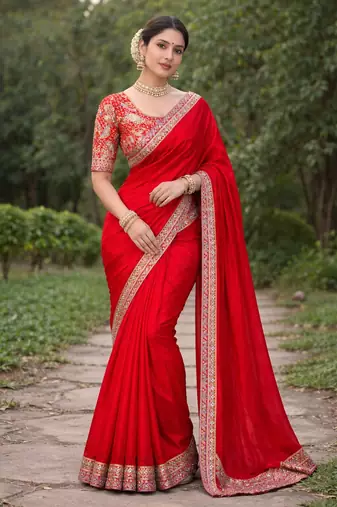 Red Color Designer Embroidered Sequins Satin Silk Saree