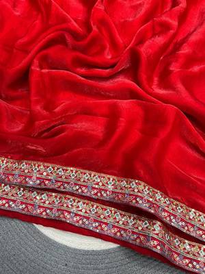 Red Color Designer Embroidered Sequins Satin Silk Saree 4