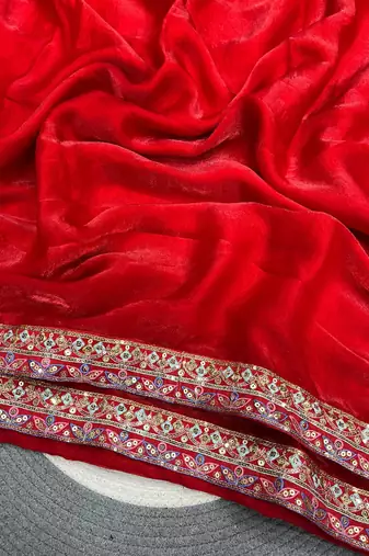 Red Color Designer Embroidered Sequins Satin Silk Saree