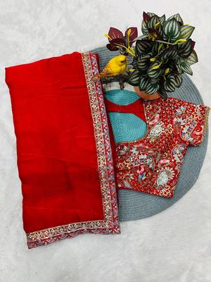 Red Color Designer Embroidered Sequins Satin Silk Saree 5