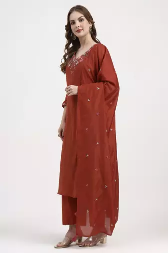  red mul chanderi silk thread work anarkali kurta trouser dupatta set