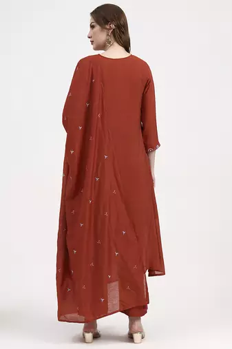  red mul chanderi silk thread work anarkali kurta trouser dupatta set