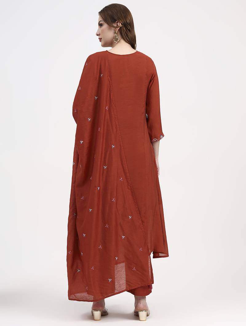 Yufta red mul chanderi silk thread work anarkali kurta trouser dupatta set