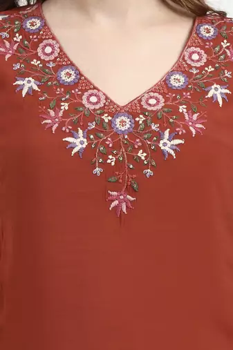  red mul chanderi silk thread work anarkali kurta trouser dupatta set