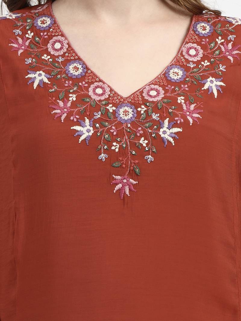 Yufta red mul chanderi silk thread work anarkali kurta trouser dupatta set