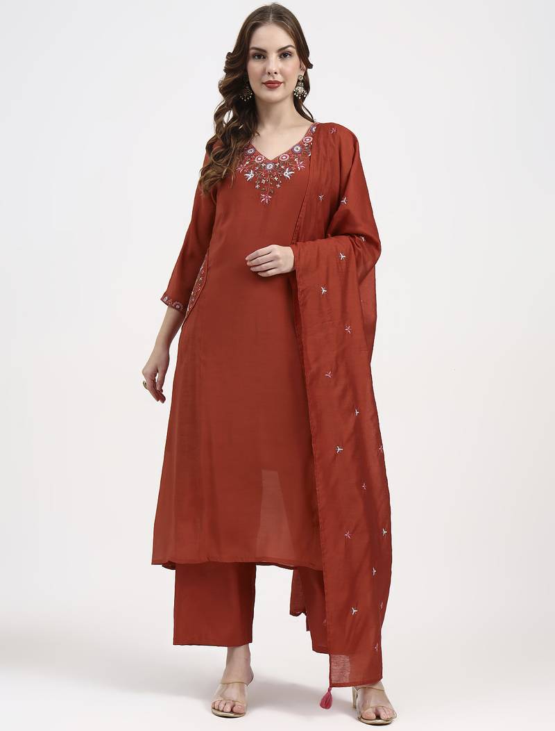 Yufta red mul chanderi silk thread work anarkali kurta trouser dupatta set