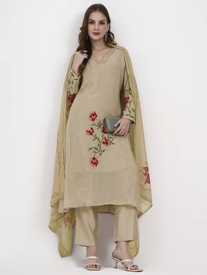 mul chanderi beige kurta dupatta pant set 1