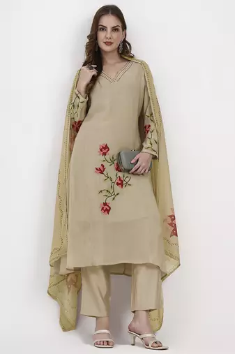 Yufta mul chanderi beige kurta dupatta pant set