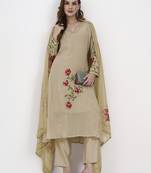 Yufta mul chanderi beige kurta dupatta pant set
