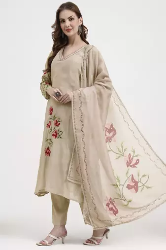 mul chanderi beige kurta dupatta pant set