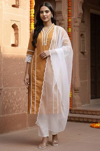 Yufta premium cotton poplin bronze kurta dupatta pant set