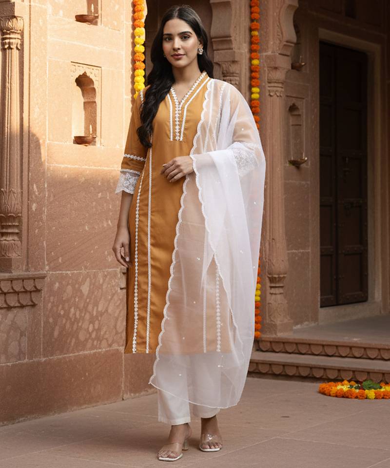 Yufta premium cotton poplin bronze kurta dupatta pant set