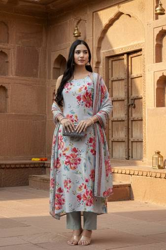 Yufta grey lensing straight kurta set