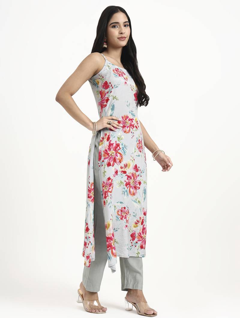 Yufta grey lensing straight kurta set