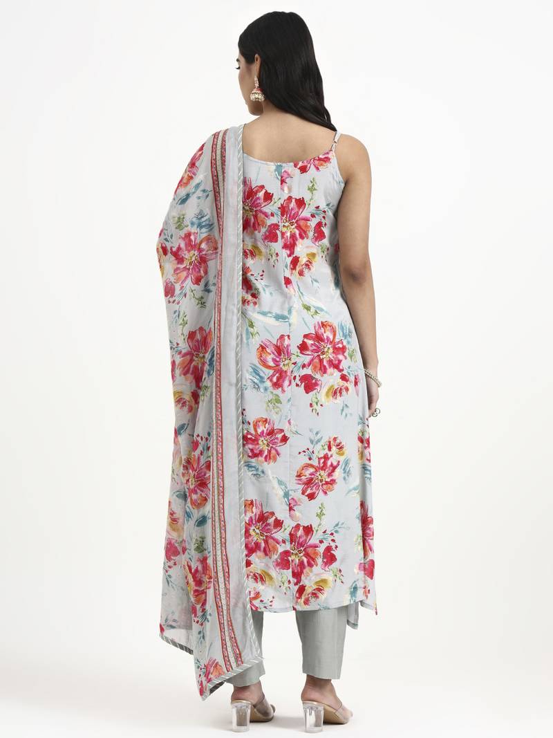 Yufta grey lensing straight kurta set