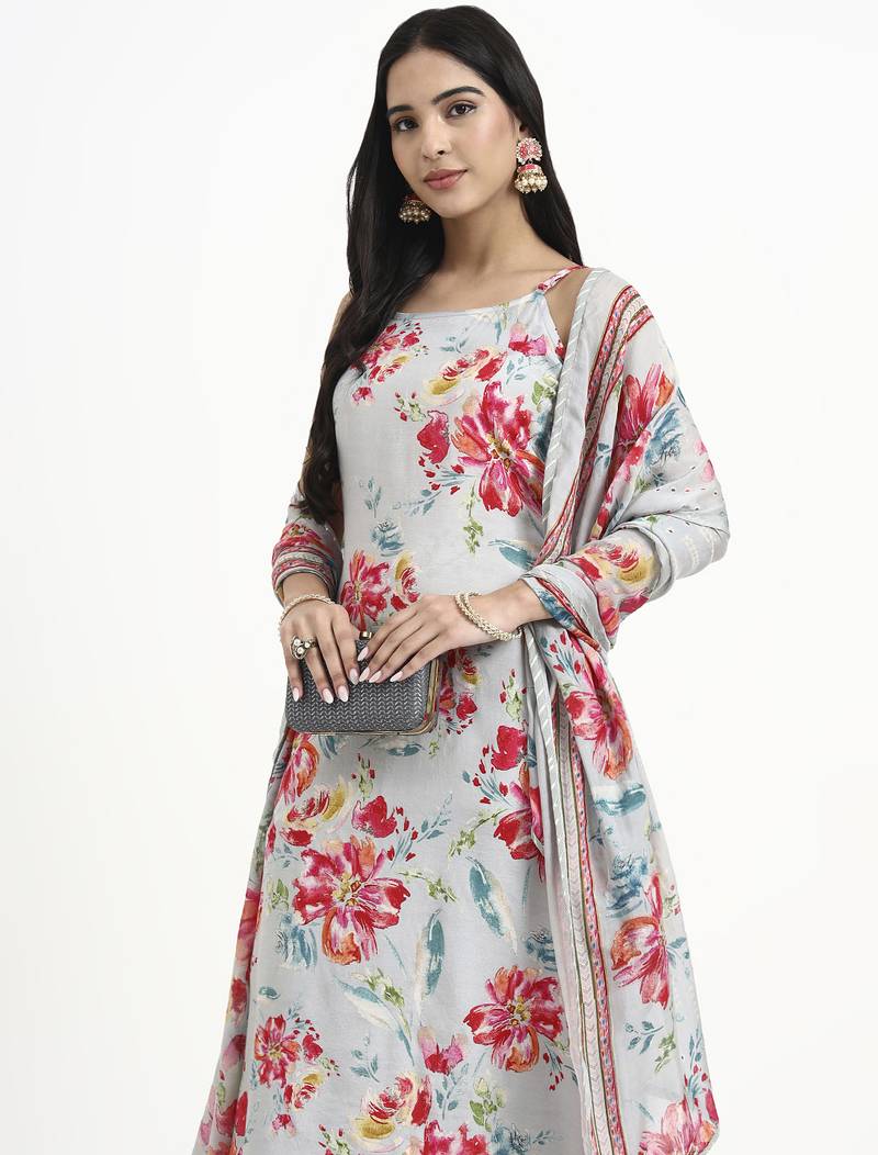 Yufta grey lensing straight kurta set