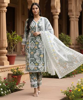  green and white cotton pakistani style kurta dupatta set 1