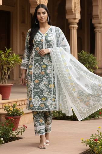 Yufta green and white cotton pakistani style kurta dupatta set