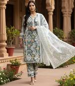 Yufta green and white cotton pakistani style kurta dupatta set