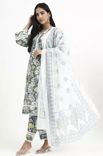  green and white cotton pakistani style kurta dupatta set