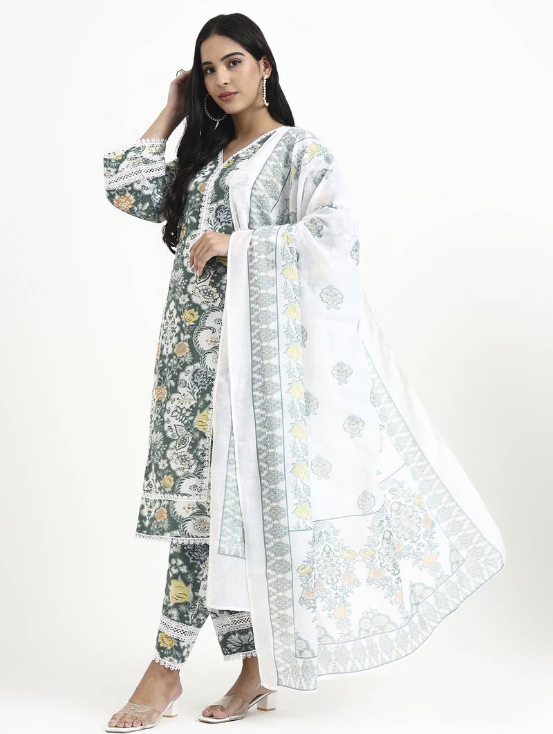 Yufta green and white cotton pakistani style kurta dupatta set