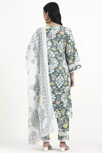  green and white cotton pakistani style kurta dupatta set