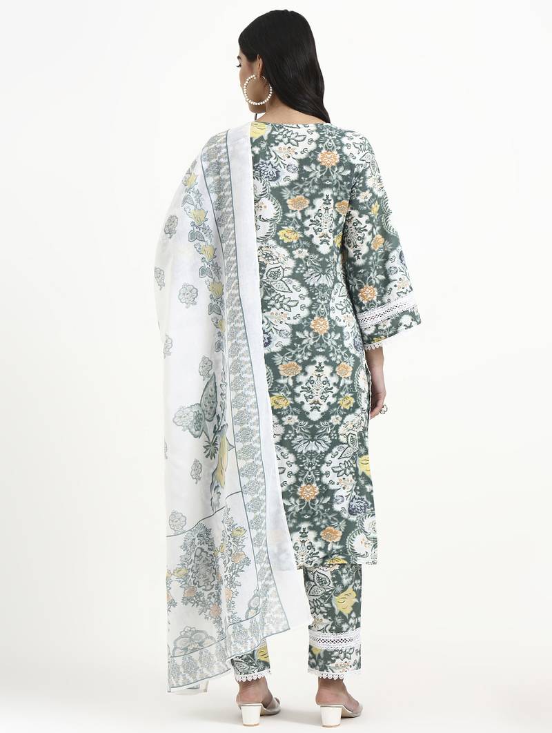 Yufta green and white cotton pakistani style kurta dupatta set