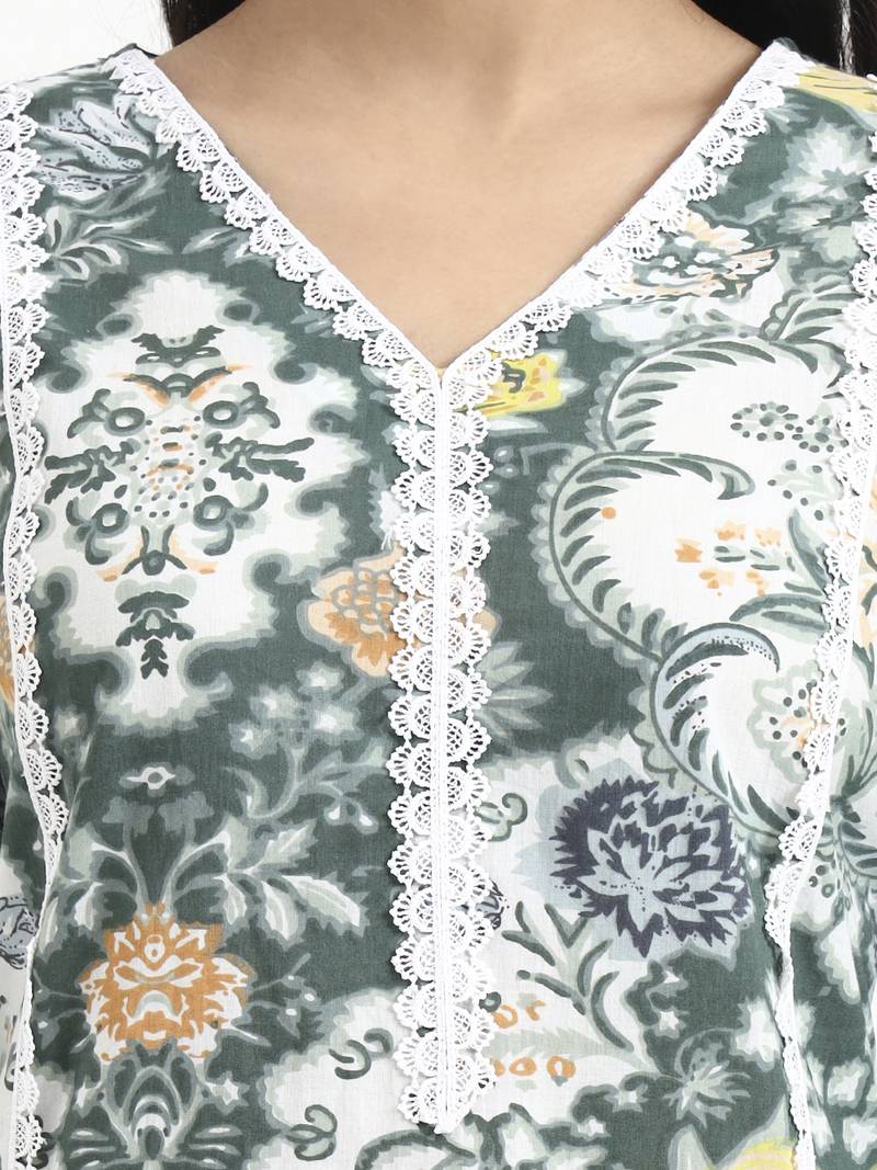 Yufta green and white cotton pakistani style kurta dupatta set