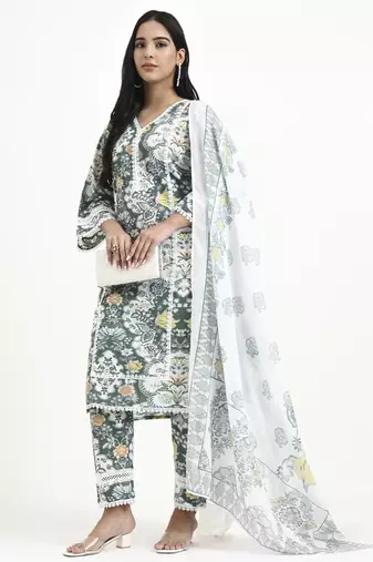  green and white cotton pakistani style kurta dupatta set