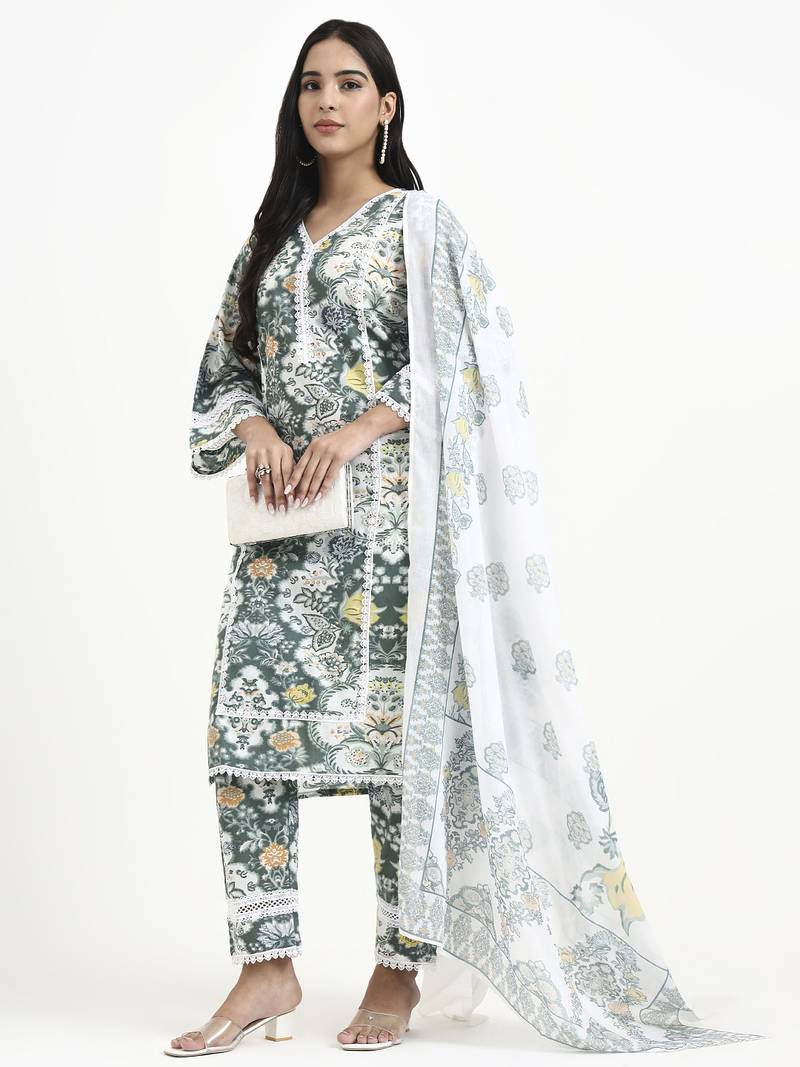 Yufta green and white cotton pakistani style kurta dupatta set